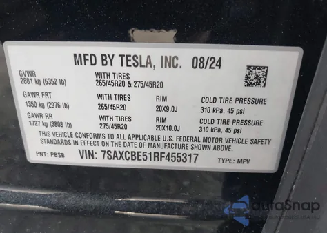 2024 Tesla Model X Long Range z USA, uszkodzony, nr VIN 7SAXCBE51RF455317